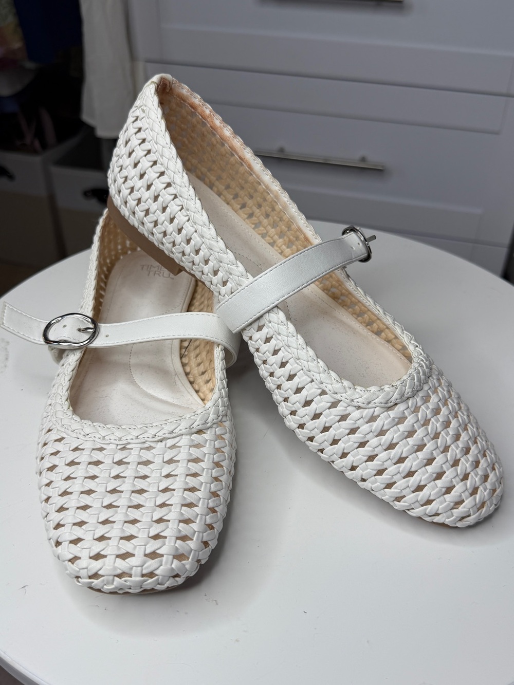 Time and Tru White Woven Mary Jane Flats with Adjustable Buckle